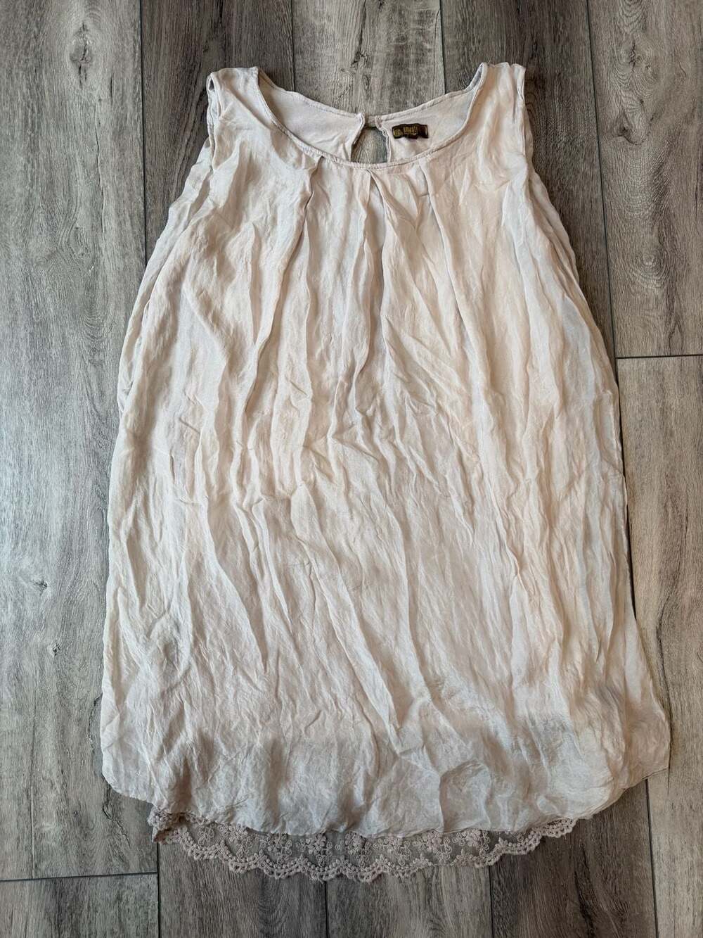 Amanti 100% Silk Dress Size L Beige Feminine Boho Lace Hem Made In Italy